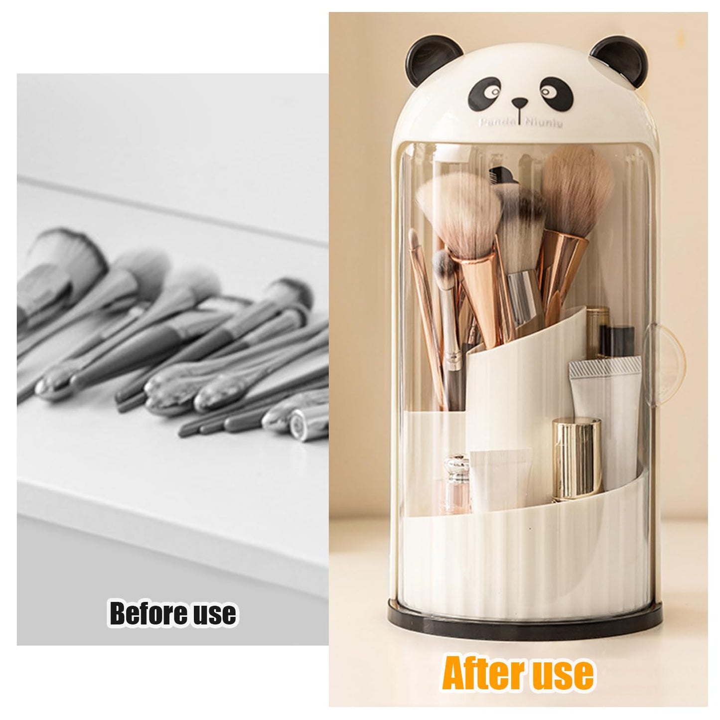 EHERDM Rotating Makeup Brush Holder with Compartments Panda Brush Storage Bucket Side Opening Cosmetic Display Case with Lid Large Capacity Desktop Pen Organizer