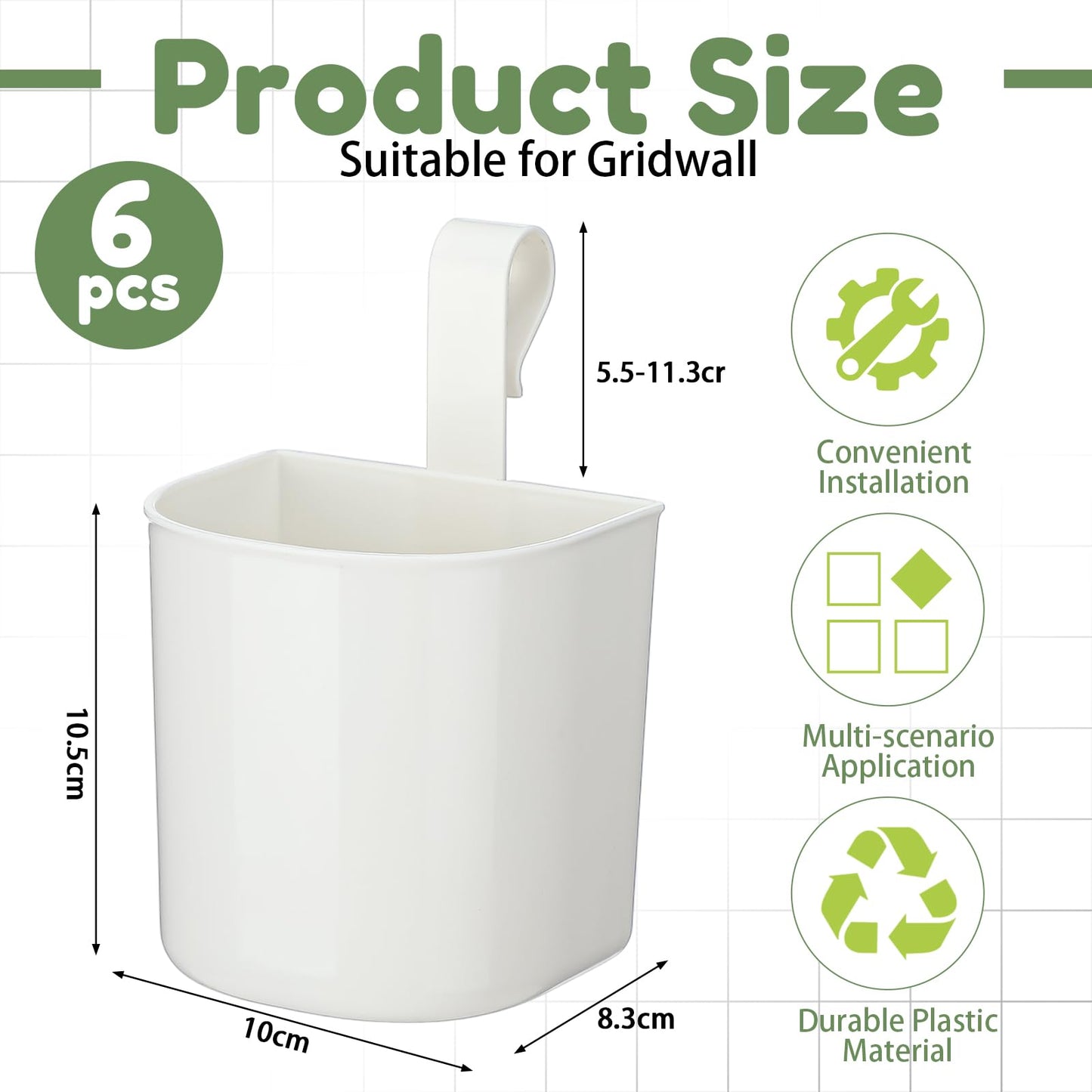 Threehoney 6 Pcs Grid Wall Baskets for Storage Grid Panel Accessories Hanging Bins Gridwall Cups for Kitchen and Bathroom, Hanging Baskets for Organizing, White