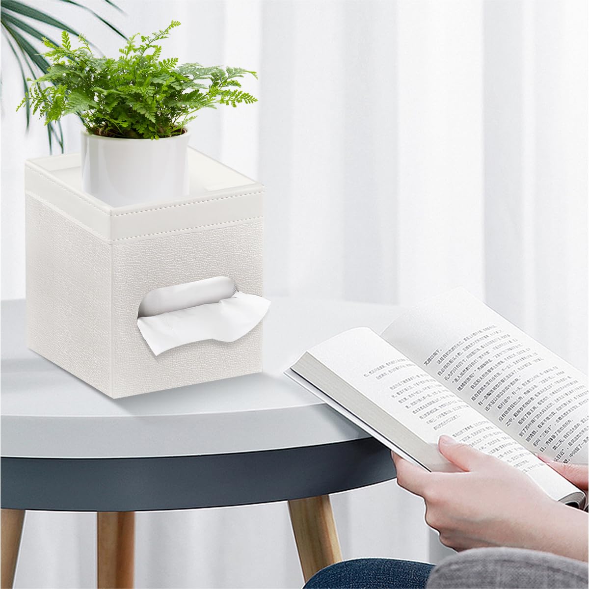 Tissue Box Cover Square, PU Leather Tissue Cube Box Holder with Storage Valet Tray, Decorative Tissue Holders, Modern Tissues Case Napkin Dispenser Facial Paper Organizer for Bathroom Vanity
