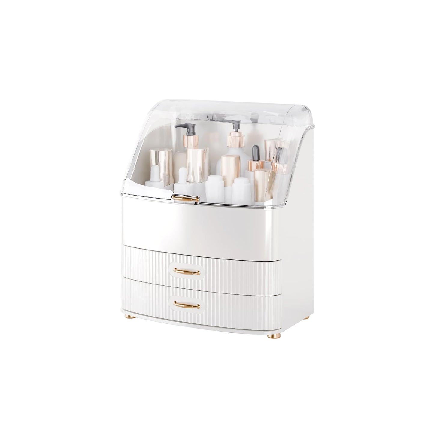 Plukers Makeup Organizer Countertop Vanity with Transparent Lid Drawers Waterproof Dustproof Cosmetic Skincare Bathroom Storage Gift for Women Teens Girls (White)