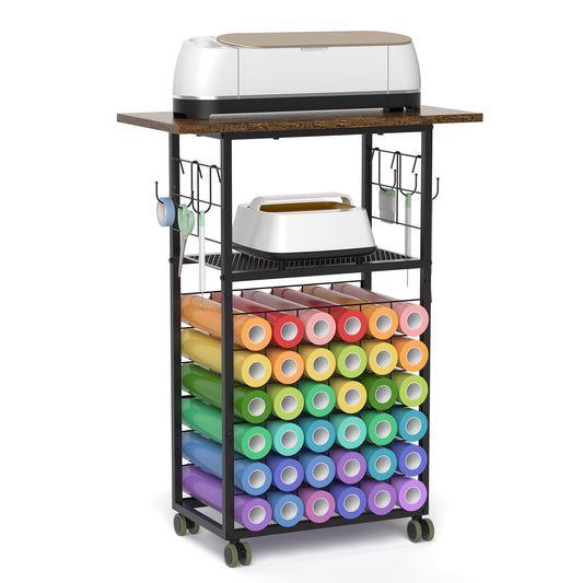 ikkle Rolling Craft Storage Cart with 36 Vinyl Roll Holders, Craft Organizers and Storage Compatible with Cricut Machines, Crafting Table Organization Workstation with Wheels for Craft Room