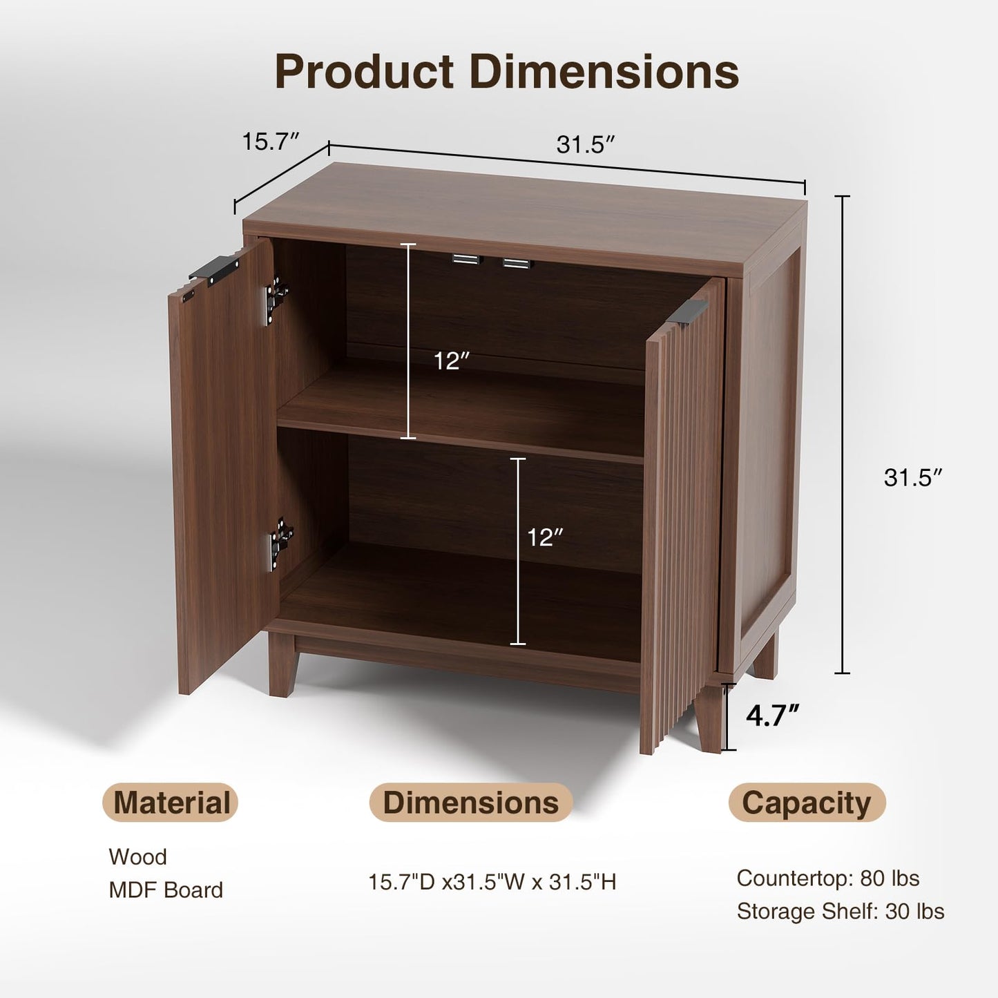 Fluted Cabinet with Storage, 2 Doors Sideboard Buffet, Mid Century Modern Accent Cabinet with Adjustable Shelves, Multifunctional Console Table with Storage for Living Room, Kitchen, Entryway
