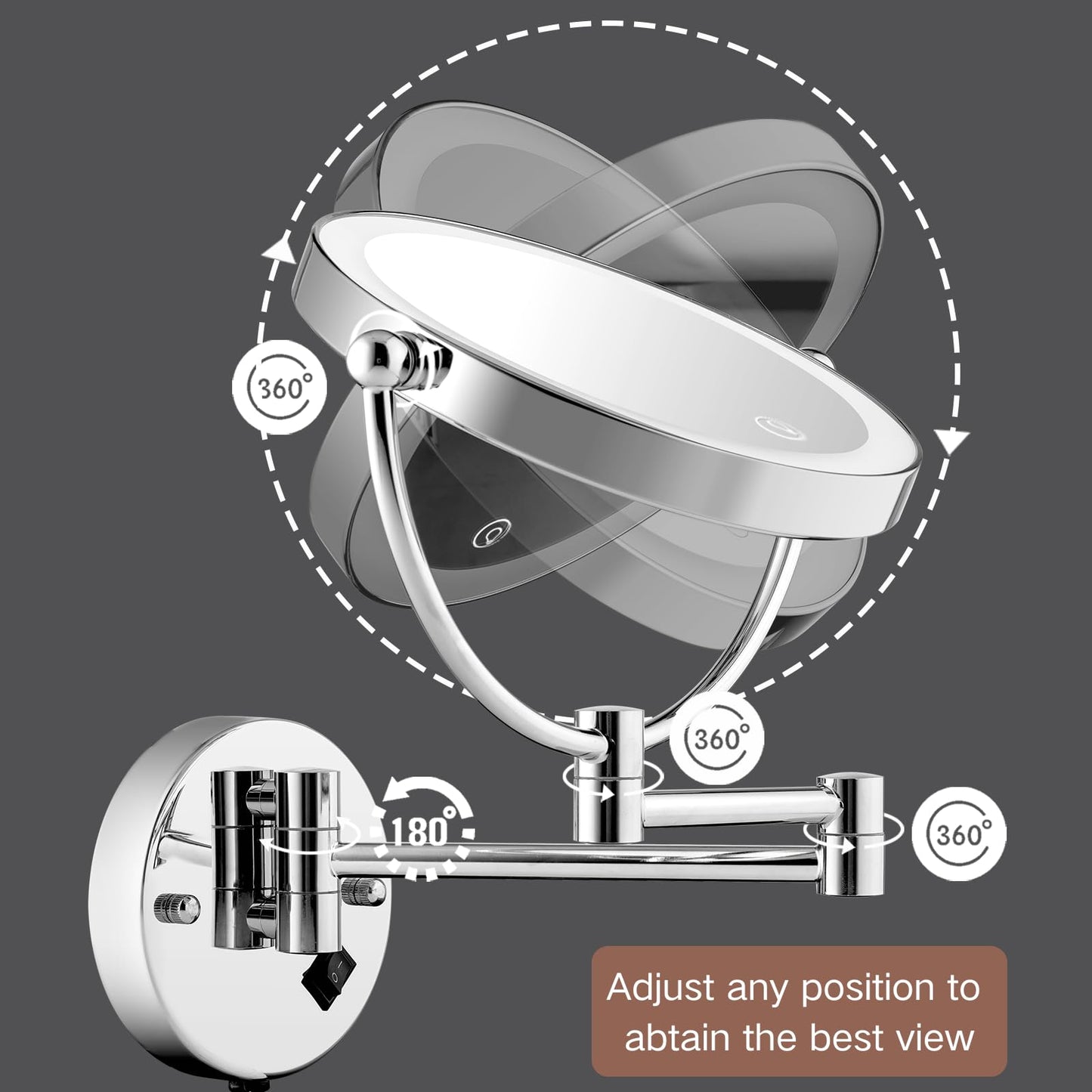 AMZNEVO Wall Mounted Makeup Mirror with Magnification, 8" 1X/10X Magnifying Mirror Wall Mounted for Bathroom, 3 Color Light, Touch Dimmable, 360° Swivel, Extendable Arm, 2-Sided, Plug-in & Hardwire