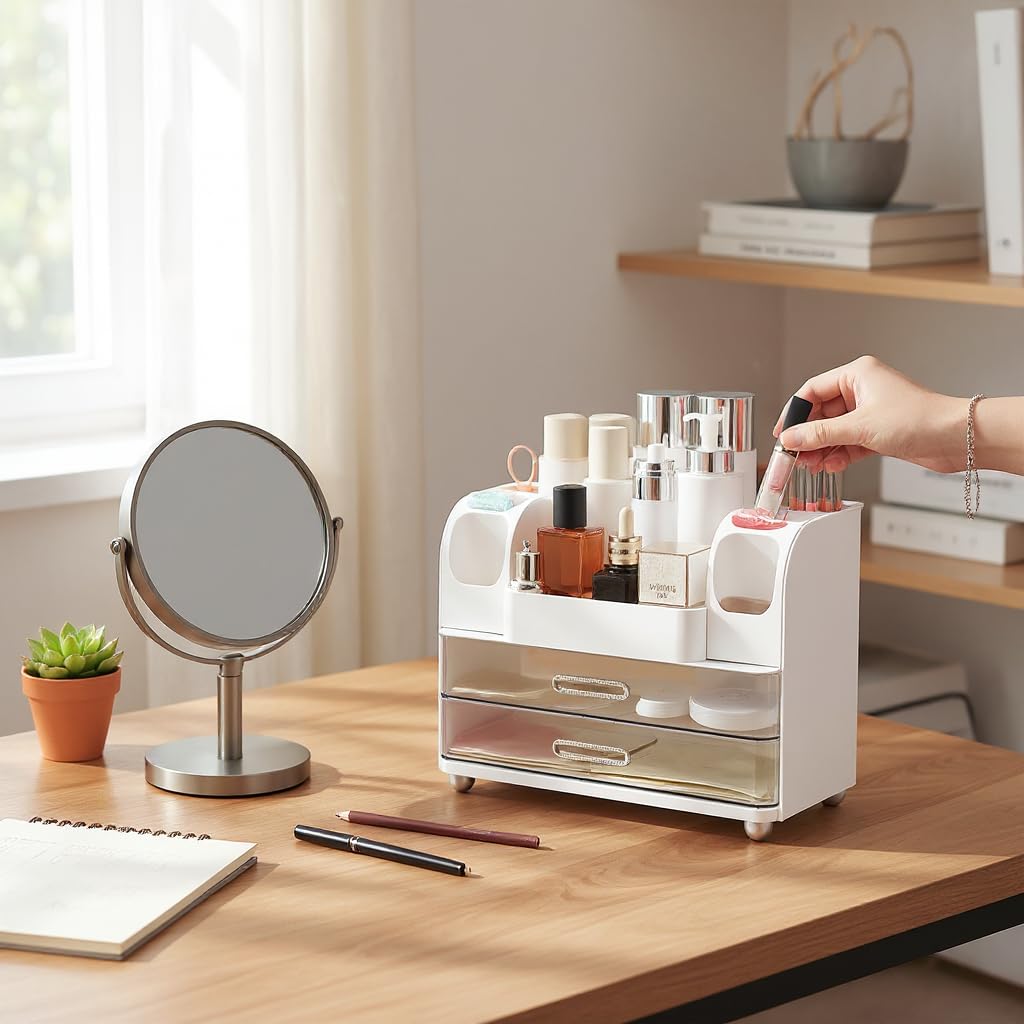 Dozesheep Large Makeup Organizer Countertop with Drawers, Make Up Organizer for Vanity, Makeup Storage Organizer Countertop Makeup Organizers for Skincare, White