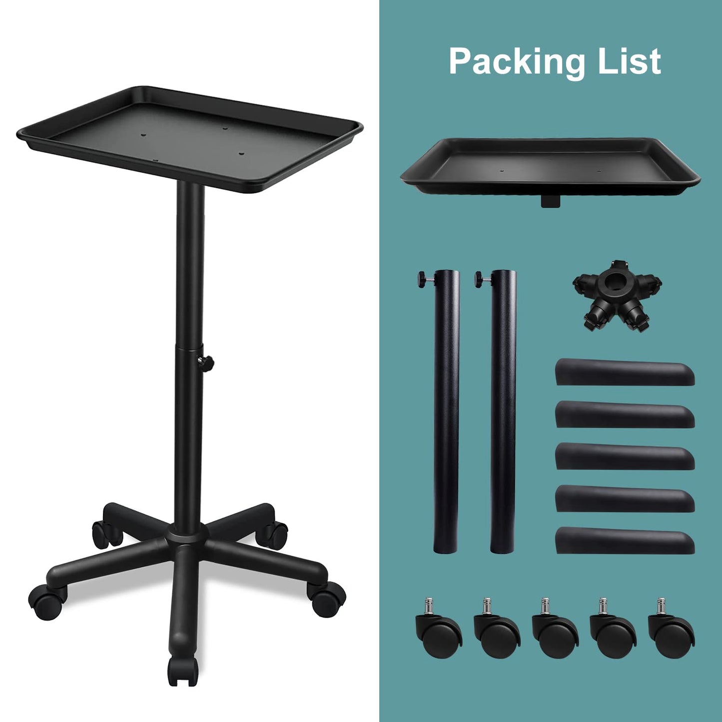 Wuissvnb Salon Tray on Wheels, Adjustable Hairstylist Rolling Tray with Wheels,Premium Aluminum Tattoo Tray,Suitable for spa Hairstylist Salon Trolley cart with Wheels-(Black)