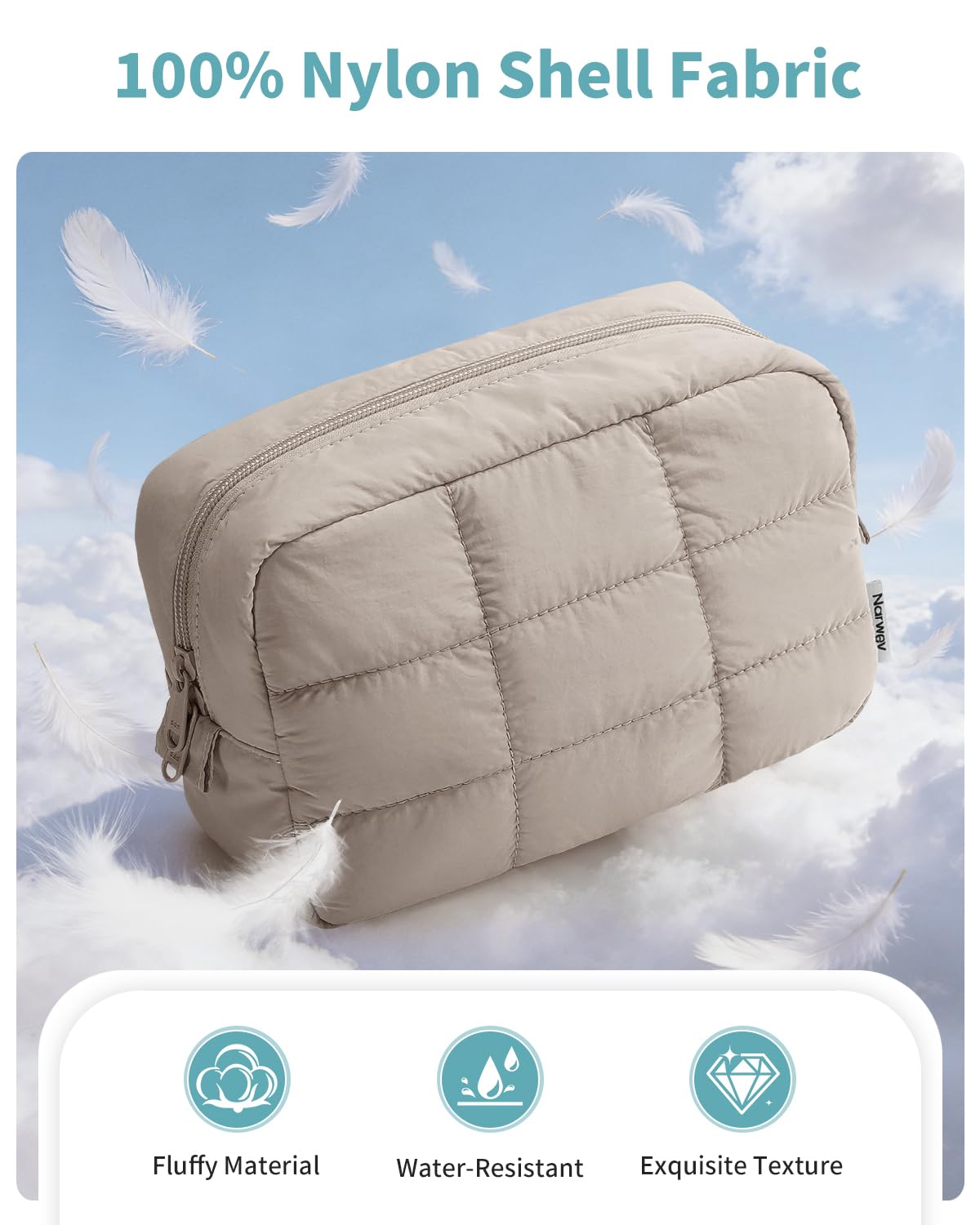 Narwey Quilted Makeup Bag for Women Girl, Puffer Travel Cosmetic Bag Puffy Make Up Bag Organizer, Cute Travel Toiletry Bag for Toiletries (Khaki)