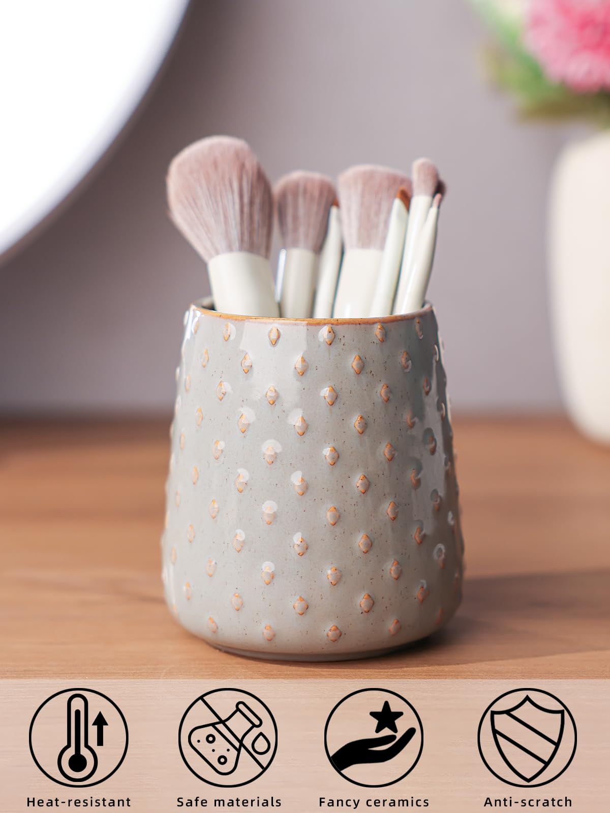 QUXIJA Ceramic Makeup Brush Holders Bathroom Vanity, Brushes Cup (Vintage Grey)