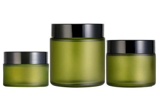 HOA Kinh 3 Pack Green Frosted Glass Jars Empty Cosmetic Containers Round Airtight Glass Jar with Inner Liners and black Lids for Storing Lotions, Powders, and Ointments