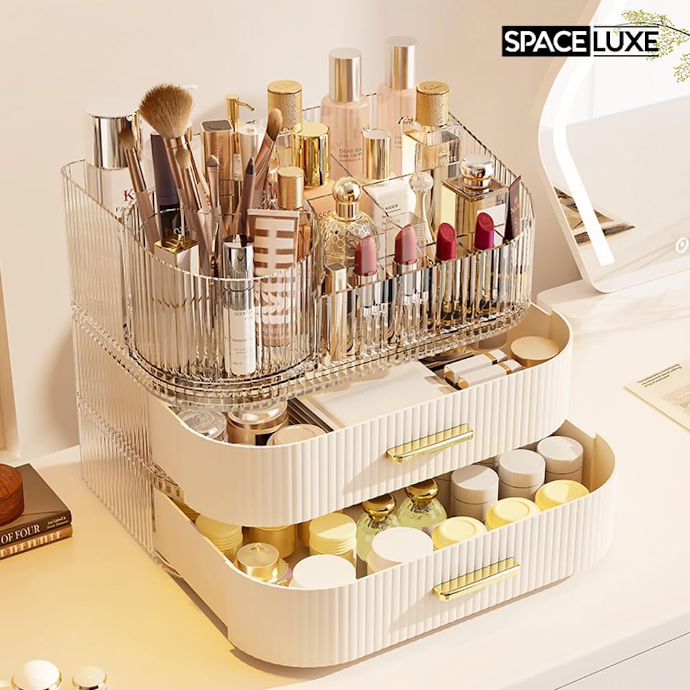 SpaceLuxe Makeup Organizer with Drawers and 360° Rotating Brush Holder, Large Capacity Cosmetic Storage for Vanity, Skincare, Perfume, Hair Accessories, Lipstick & Jewelry (Cream White, 3-layer)