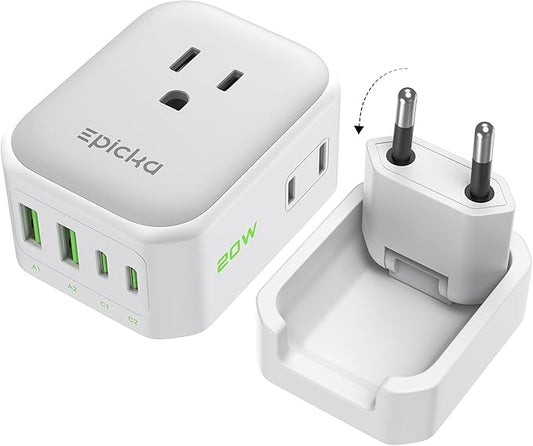 EPICKA Hybrid European Travel Plug Adapter, Foldable & Detachable Type C (EU) VisaPlug, 8-IN-1 International Power Adapter with 4 USB Ports (2 USB-C PD 20W) - Travel Essentials for US to Europe, White