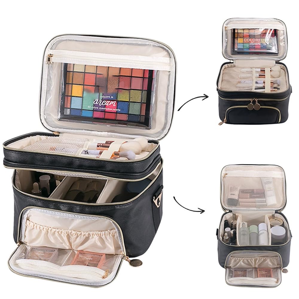 Mgiflw Extral Large Makeup Bag for Women,Double Layer Travel Cosmetic Organizer Case,Skin Care Essentials Toiletries Bags with Shoulder Strap Waterproof Brush Storage with Removable Dividers