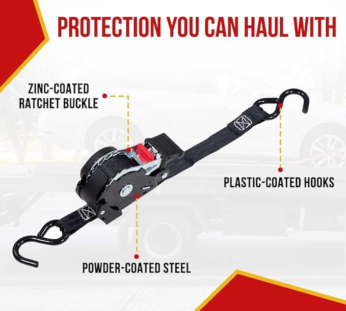 Mytee Products Auto Retract NO-RATCHETING Ratchet Straps | 1" x 12' Retractable Ratchet Straps with Coated S Hook Tiedowns for Motorcycles, ATVs, Bikes: Tight & Secure Pickup Trailer Tie-Down - 8 Pack