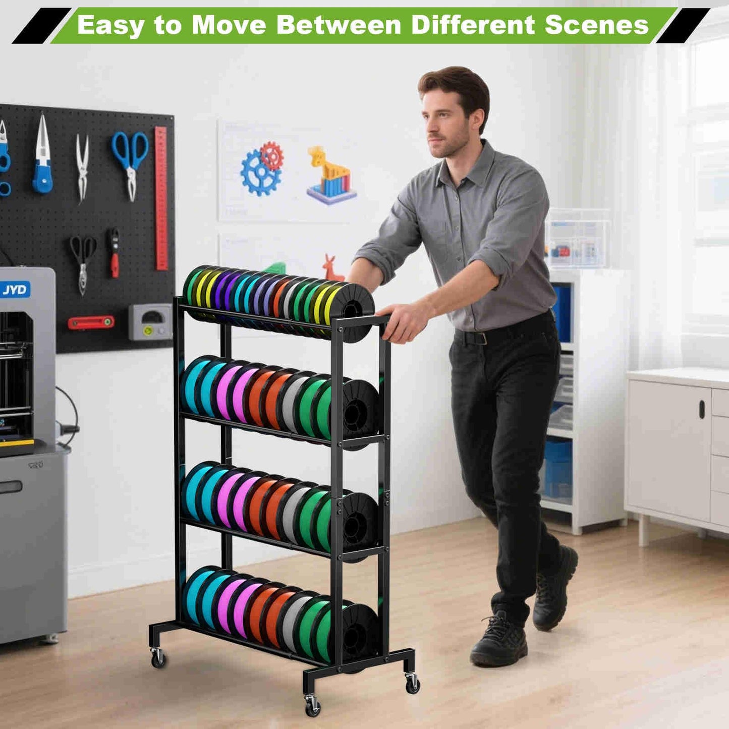 Kelmuis 3D Printer Filament Storage Rack Stand, Rolling Filament Spool Holder Cart with Wheels, 4 Tier Expandable Heavy Duty Metal Shelf for 3D Printing Studio Workshop,1pcs Stand Only