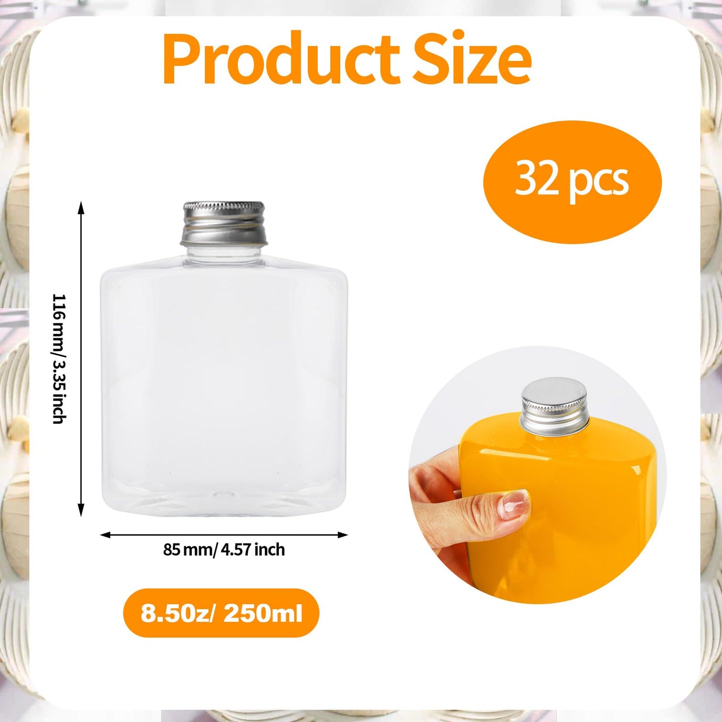 DISWALE 32 Pcs 8.5 oz Plastic Bottles with Caps, Clear Reusable Disposable Juice Bottles, Small Beverage Containers for Water, Smoothies, Milk, Juicing, Mini Fridge Storage