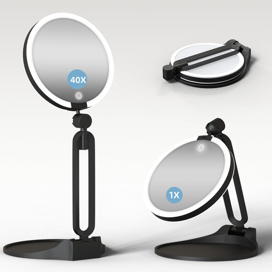 Magnifying Mirror with Light 40X/1X, Double Sided Travel Makeup Mirror with Lights and Magnification, 3 Colors Dimming Lighting, Rechargeable Large Size of 6inch, Foldable Design, 360°Angle Adjustable