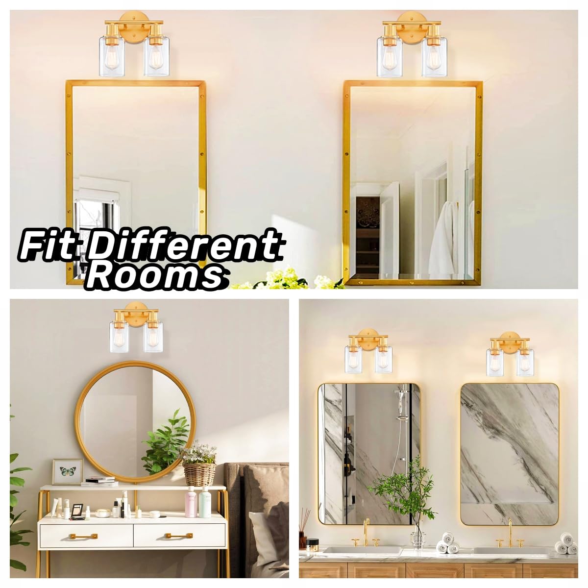 WISBEAM 2-Light Bathroom Vanity Light, Gold Bathroom Light Fixture Over Mirror with Clear Glass Shade Including E26 Medium Base, Bulb NOT Included, Brass Vanity Light Fixture
