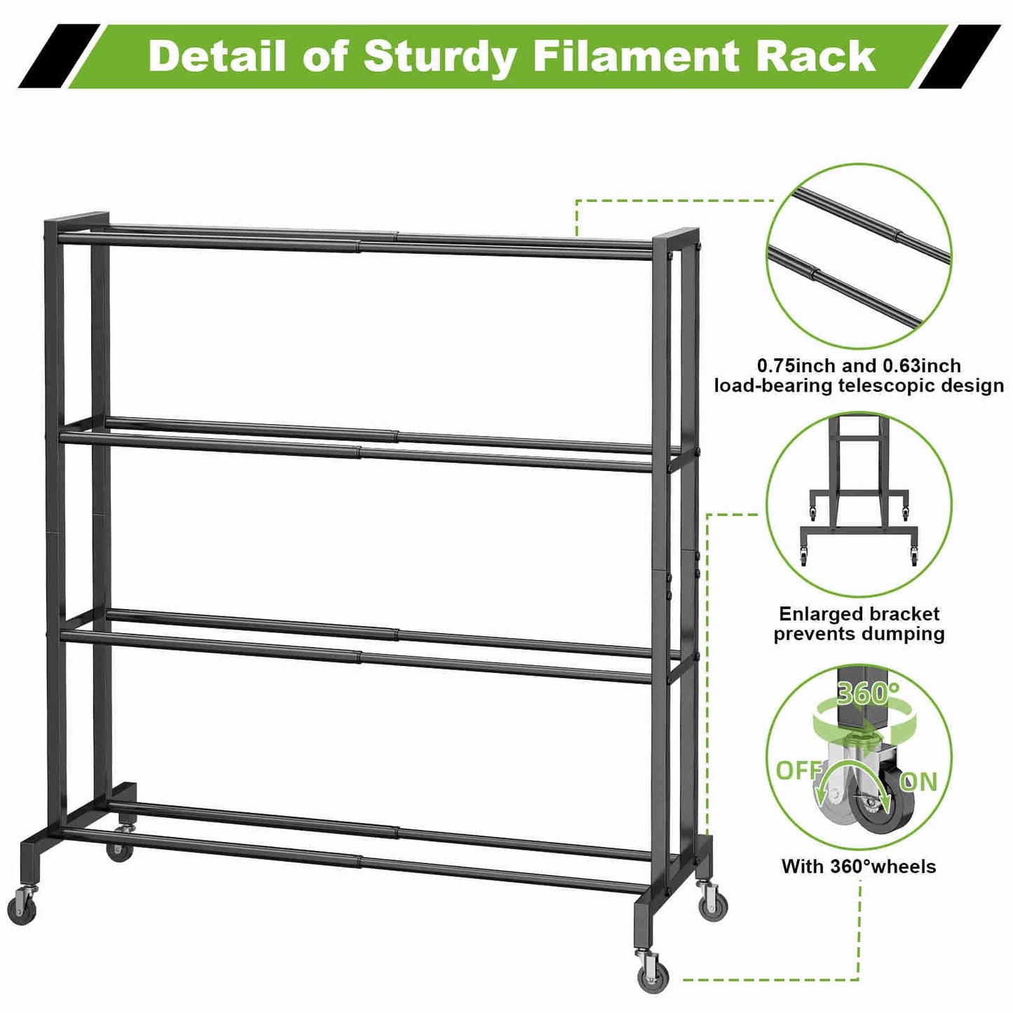 Kelmuis 3D Printer Filament Storage Rack Stand, Rolling Filament Spool Holder Cart with Wheels, 4 Tier Expandable Heavy Duty Metal Shelf for 3D Printing Studio Workshop,1pcs Stand Only