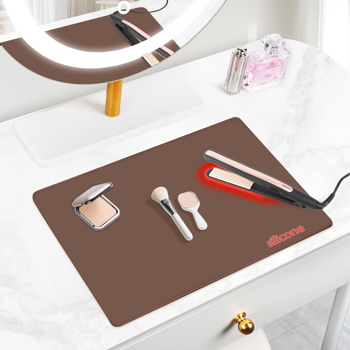 Silicone Makeup Mat for Vanity, 21.7" x 11.8" Heat Resistant Vanity Mat, Easy to Clean & Waterproof, Portable Makeup Accessories for Use While Traveling (Brown)