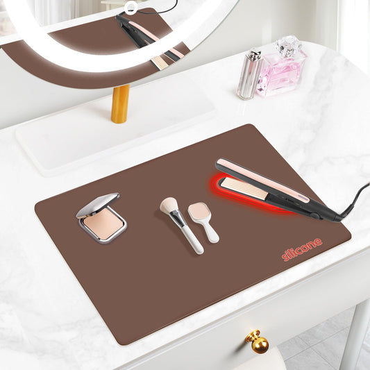 Silicone Makeup Mat for Vanity, 21.7" x 11.8" Heat Resistant Vanity Mat, Easy to Clean & Waterproof, Portable Makeup Accessories for Use While Traveling (Brown)