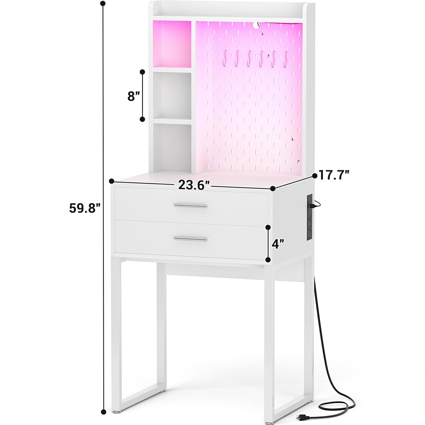 Besiost Small Vanity Desk with Hutch and Drawers, White Makeup Vanity Desk with Charging Station, Vanity Table Dressing Table with LED Lights, Vanity Desk No Mirror with Pegboard for Girls Women, 24"