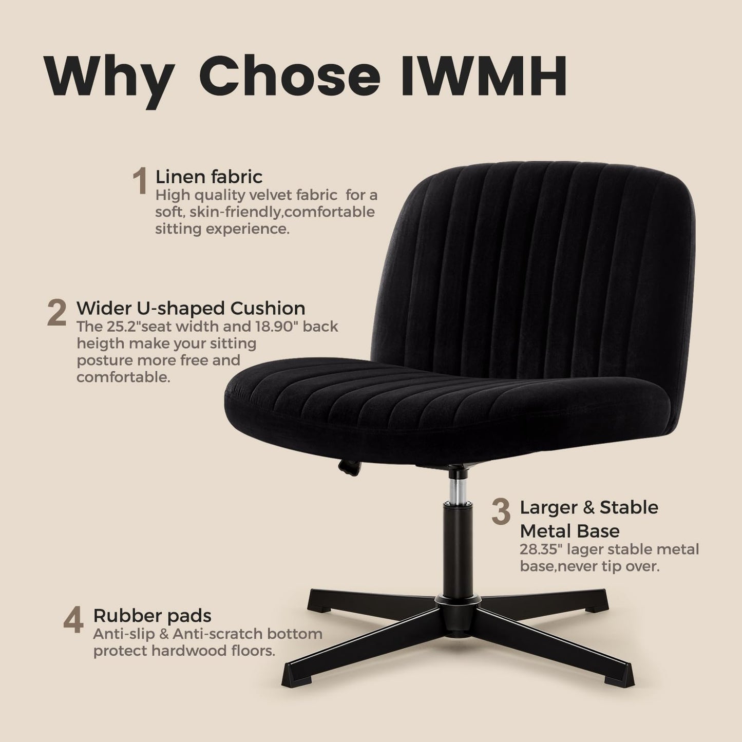 IWMH Criss Cross Chair, Cross Legged Office Chairs no Wheels, Armless Wide Seat Desk Chair with Adjustable Height for Home, Vanity, Bedroom (Black)