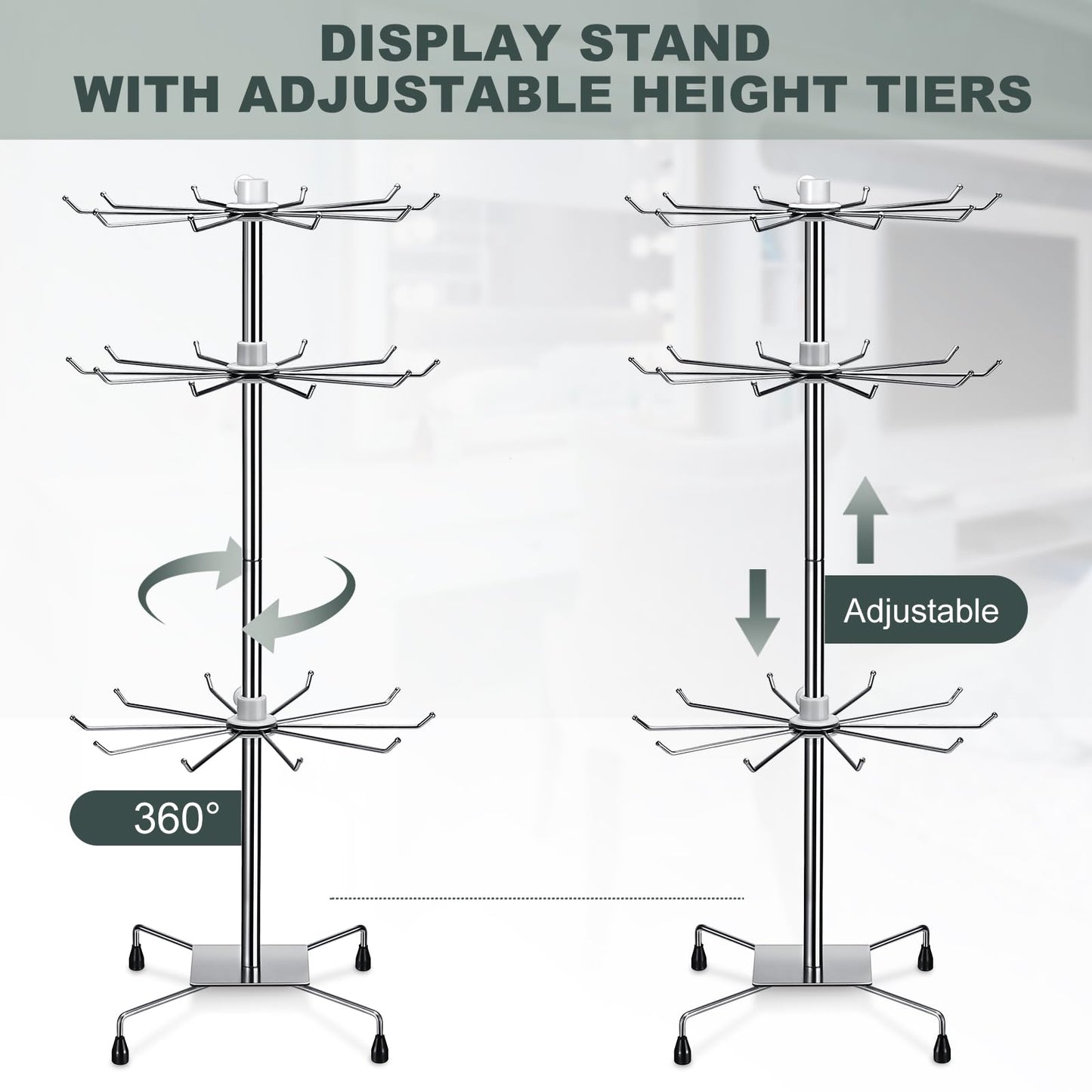 BBTO 2 Pcs Rotating Display Stand Jewelry Display Rack with Hooks Metal Earrings Stand for Vendors Necklace Bracelet Selling(Silver,28.35 x 11.81 Inch)