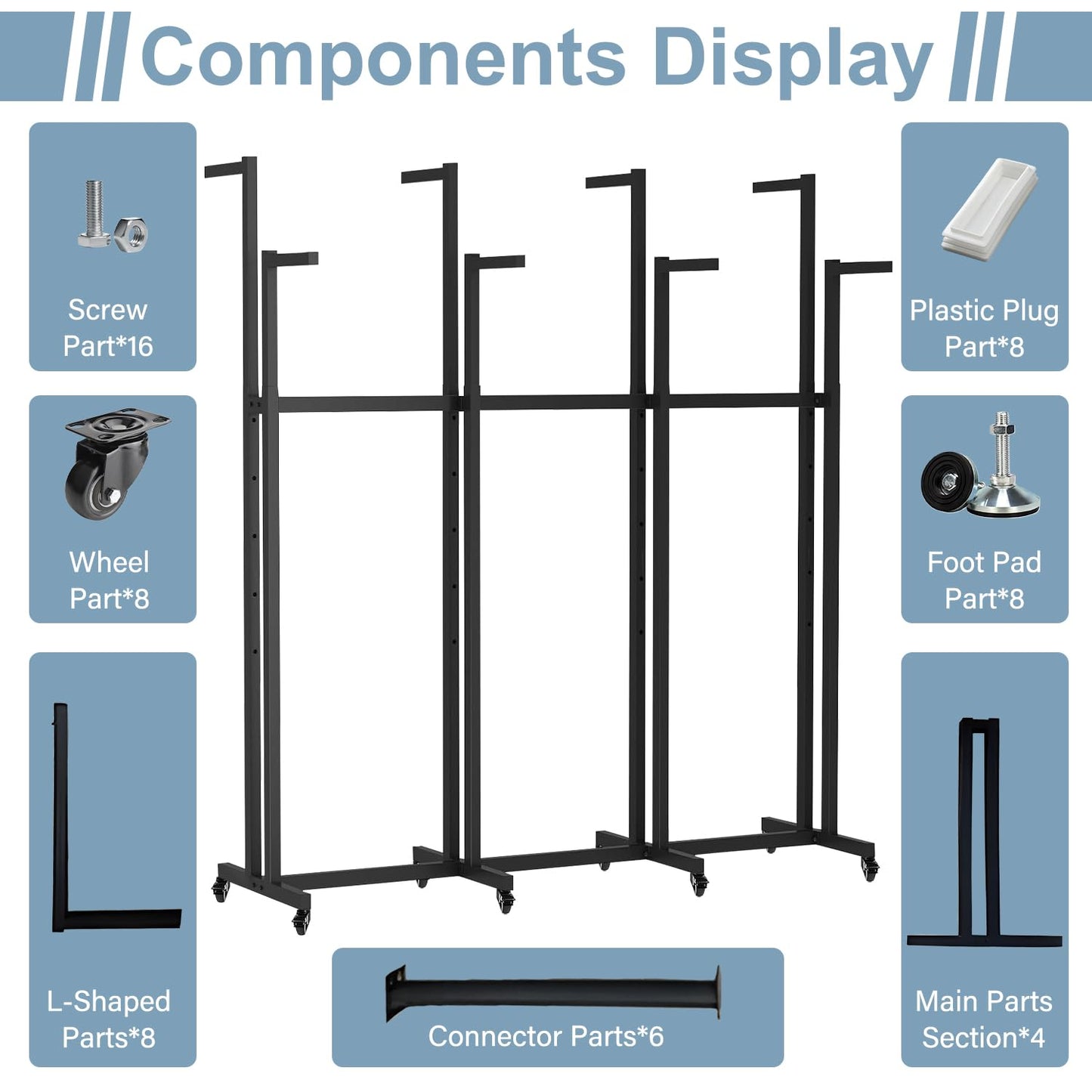 jvsufuik 8 Arm Retail Clothing Rack, Metal Clothing Display Rack for Hanging Clothes, Adjustable Height Shirt Clothes Display Stand Garment Rack with Wheels for Boutiques, Black