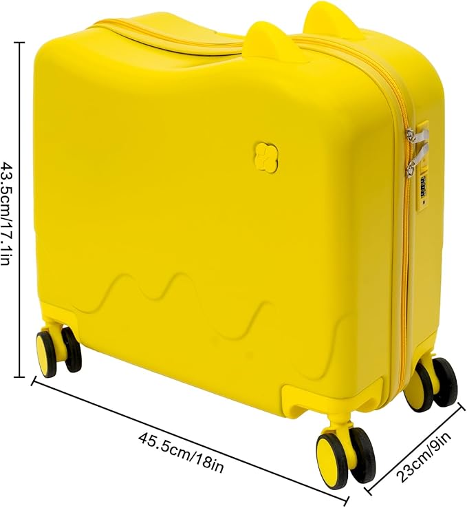 18-Inch Kids Ride-On Suitcase - Cute Lightweight Trolley Luggage with 4 Silent Spinner Wheels & Lock for Travel - Perfect for Ages 3-6 (Yellow)