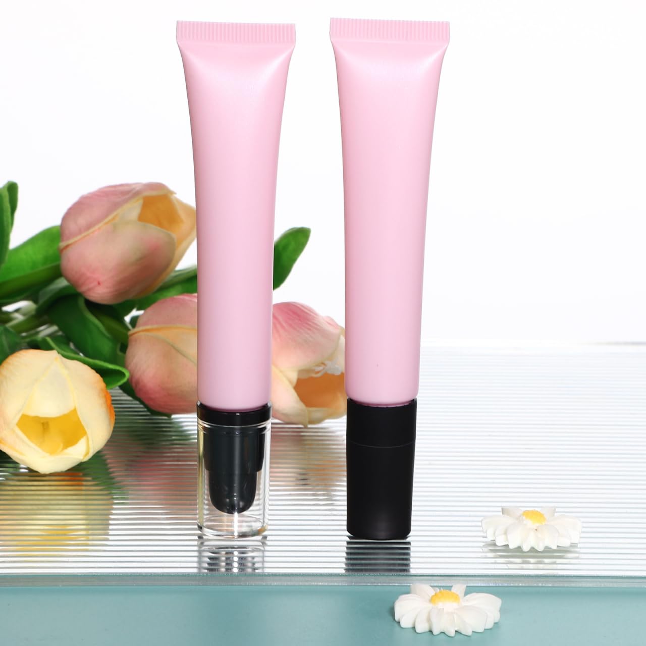 Didiseaon 2Pcs Empty Soft Squeeze Tubes, 20g Essential Oil Roller Ball Tube with Ceramic Cover & Pump Head for Lip Gloss
