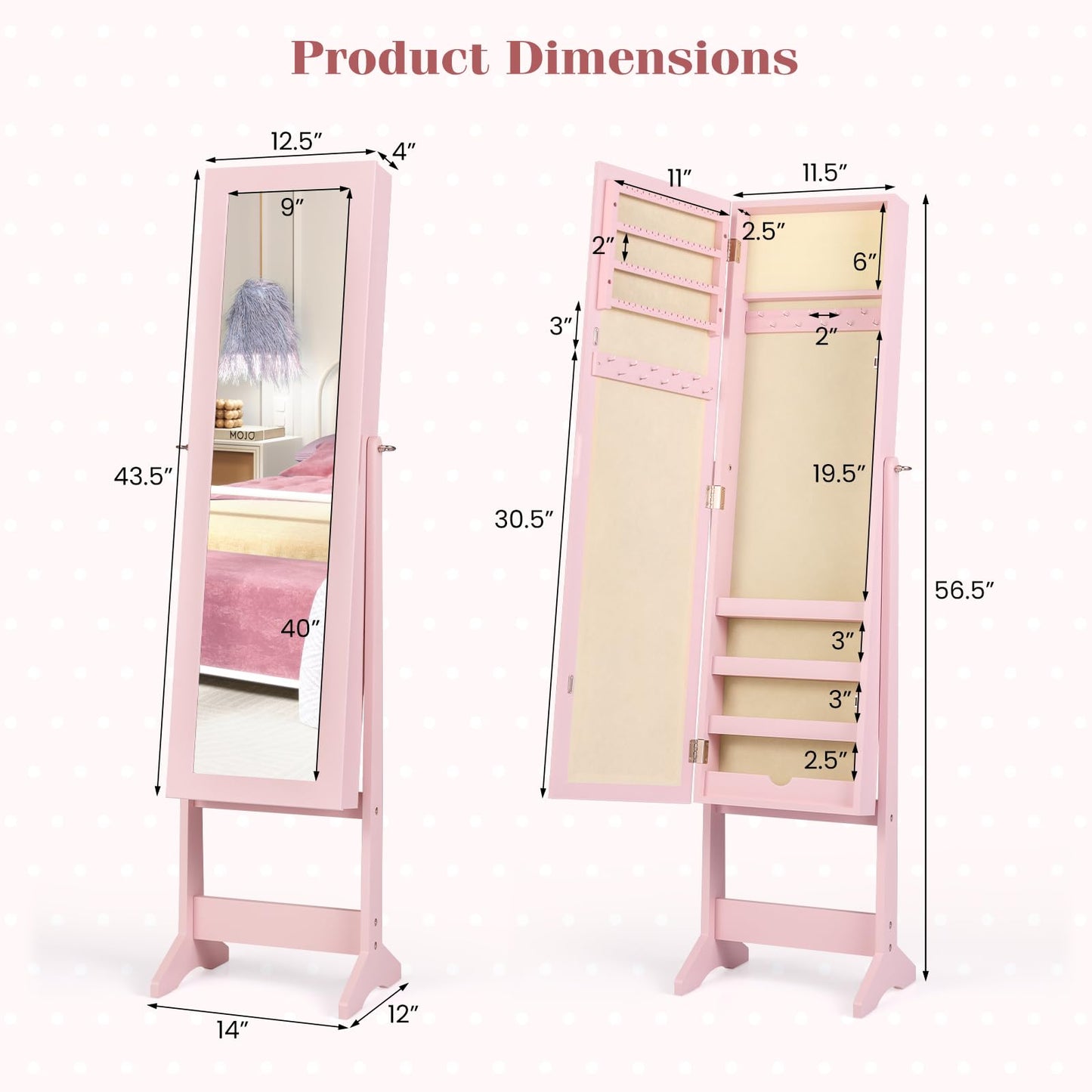 Giantex Jewelry Armoire with Full Length Mirror, Standing Jewelry Cabinet Organizer with 3 Tilting Angles, Bedroom Dressing Mirror with Large Storage for Earrings, Rings, Necklaces, Light Pink