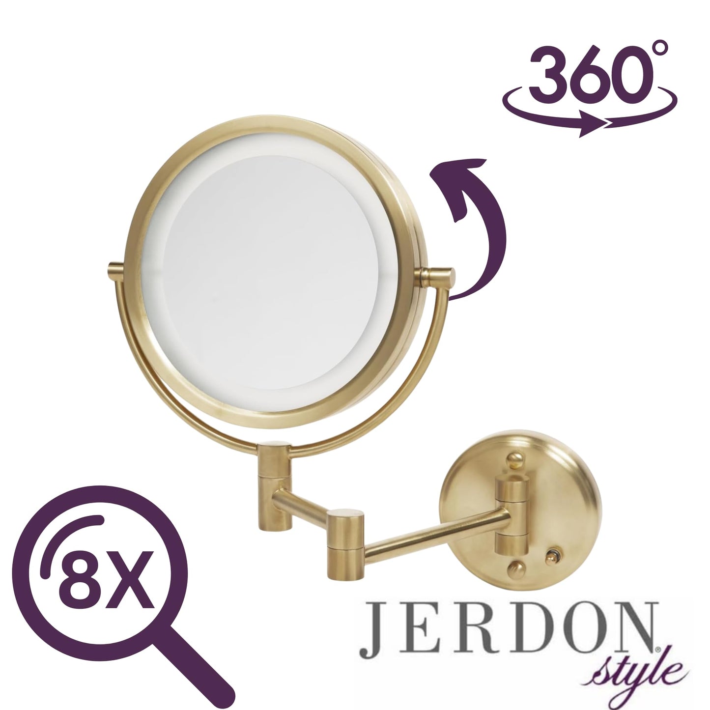 JERDON Wall-Mounted Vanity Mirror with Lights - Hard Wired Makeup Mirror with 8X Magnification & Gold Finish - Direct Wire Model HL88BGLD