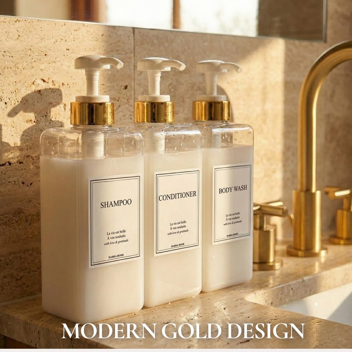 Modern Gold Design Shampoo and Conditioner Dispenser, Large 27oz Shower Soap Dispenser, Set of 3 Refillable Empty Plastic Pump Bottles for Bathroom, 6 Waterproof Labels Included, (Clear & White)