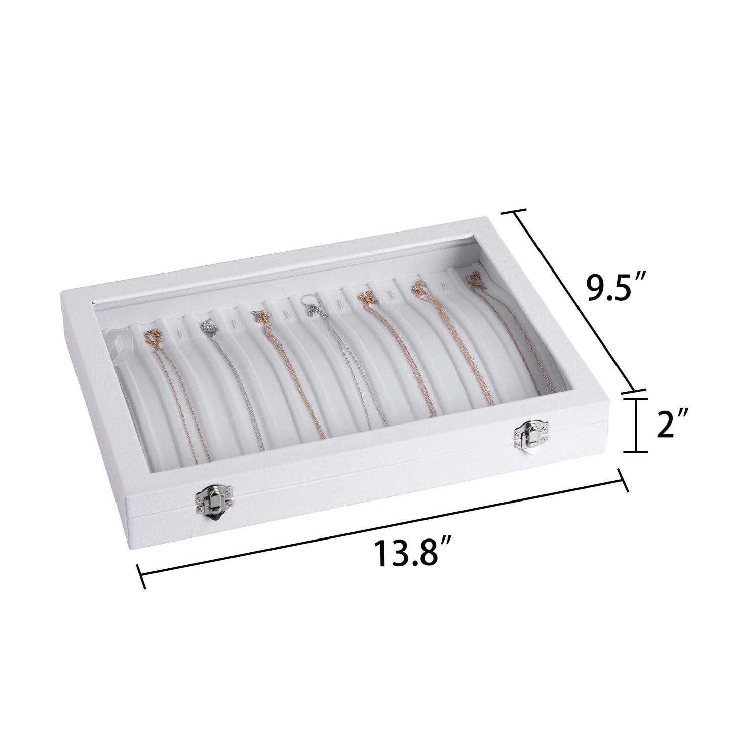 Frebeauty 15 Hooks Necklace Tray,Neckalce Organizer with Clear Lid,Velvet Necklace Holder Box,Jewelry Organizer for Pendants Chains,13.8x9.5x2 inches Necklace Jeweley Tray for Women(White)