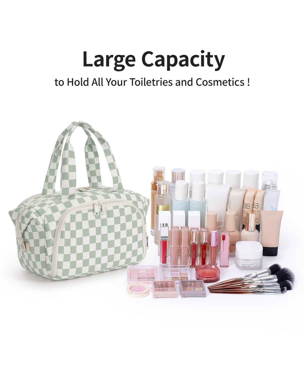 Narwey Travel Toiletry Bag for Women, Checkered Large Makeup Bag, Wide Open Cosmetic Make Up Organizer with Handle, Wet Pocket for Towel, Travel Bag for Toiletries, Brushes, Essentials (Green Checker)