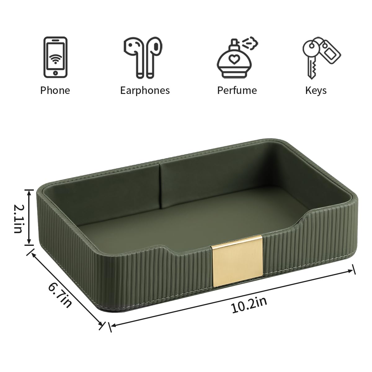 Cretkhp Valet Tray Desktop Storage Organizer, PU Leather Catchall Bedside Vanity Tray with Brass Accents Block Nightstand Organizer for Keys Watch Wallet Phone, Decorative Nightstand Storage (Green)