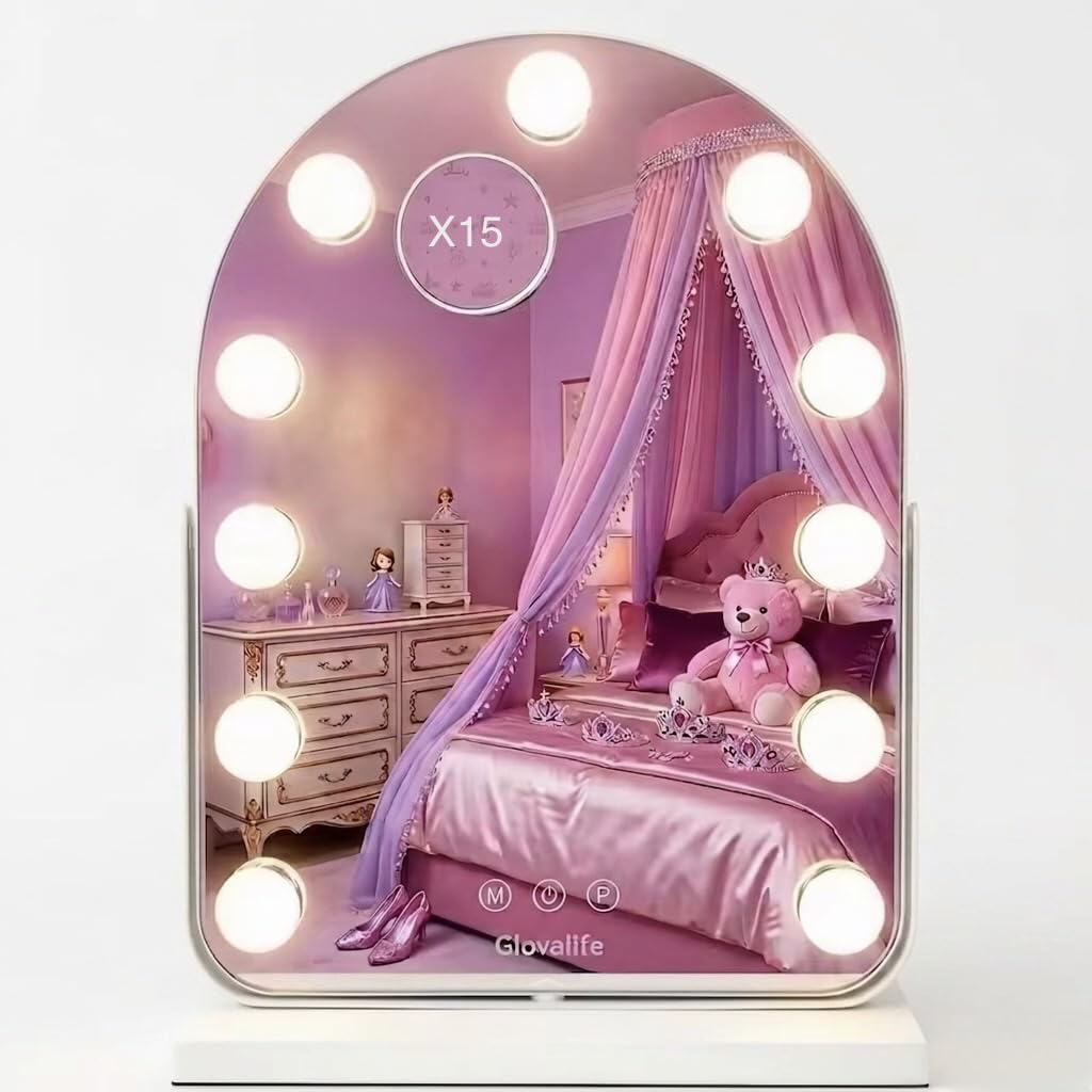 Glovalife, Arched Vanity Mirror with LED Lights, Hollywood Beauty Mirror, X15 Magnification, 11 Bulb, 360 Rotation, smart Touch Control 3 Colors Lighting, Table Desk Mirror, 12.6" x 17.3"