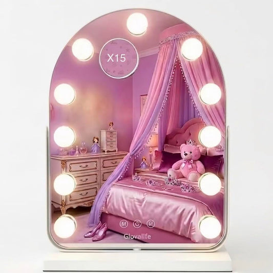 Glovalife, Arched Vanity Mirror with LED Lights, Hollywood Beauty Mirror, X15 Magnification, 11 Bulb, 360 Rotation, smart Touch Control 3 Colors Lighting, Table Desk Mirror, 12.6" x 17.3"