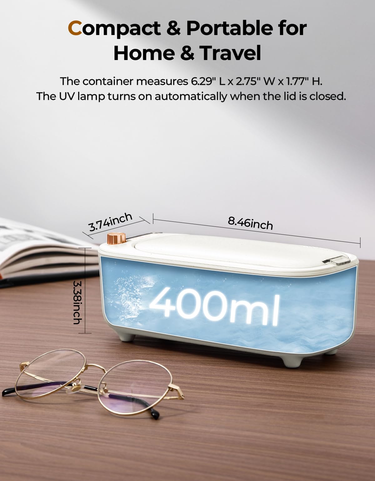 ULTRDREAMS 400ml Ultrasonic Cleaner Machine for Jewelry, Professional Electric Mini Cleaning Device with UV Light & 4 Modes for Glasses, Ring, Denture, Invisalign & Makeup Brush - Ivory