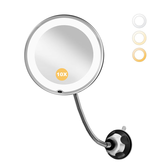 Brightown 10x Makeup Mirror with Lights and Magnification,Flexible Gooseneck Magnifying Mirror with 3 Lighting and Adjustable Brightness,Battery Operated with Suction Cup for Bathroom Bedroom, Black