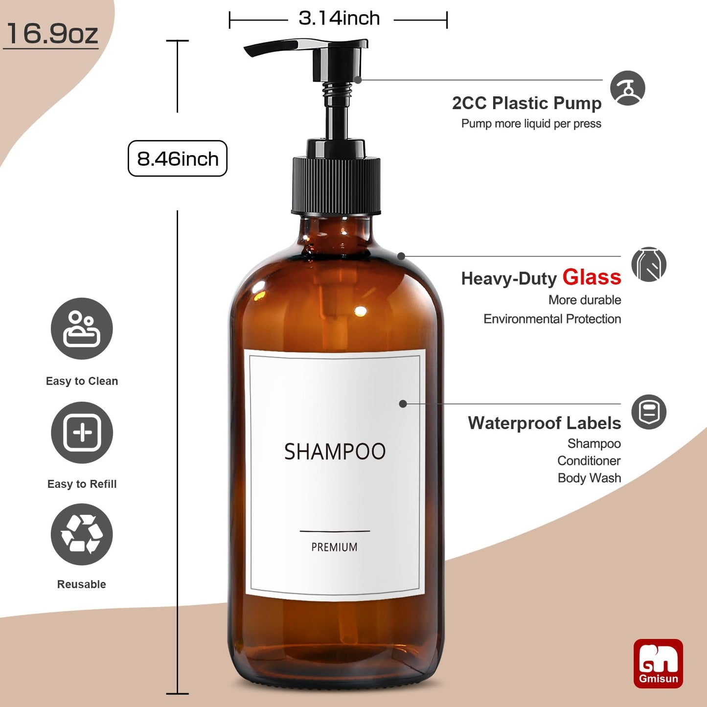 GMISUN Glass Shampoo and Conditioner Dispenser, Shower Soap Dispenser Bottles with Labels, Refillable Shampoo Conditioner Body Wash Dispensers, Amber Glass Soap Pump Dispenser Set for Bathroom Shower