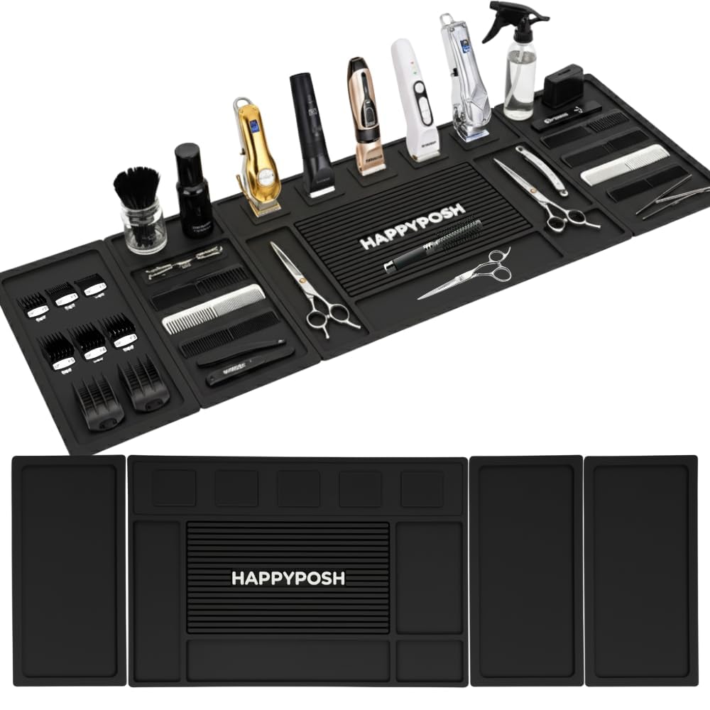 HAPPYPOSH Magnetic Barber Mats for Clippers, Large 4-Piece Modular Barber Station Organizer with 5 Strong Magnets, Non-Slip Magnetic Tool Mat for Professional Barber Shop & Salon Accessories