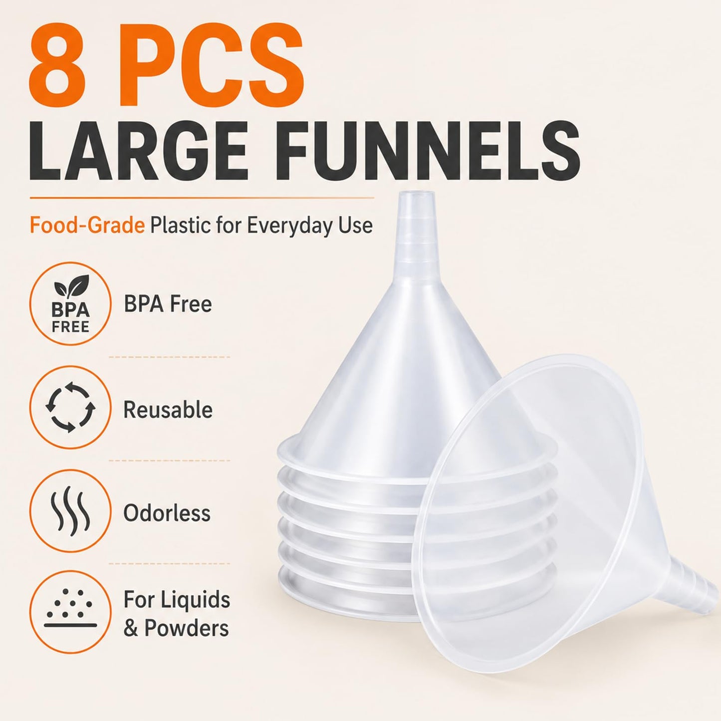 CYEAH 8 Pcs Plastic Funnels, 6 Inch Wide Mouth Large Funnel, Clear Plastic Filter Funnel Liquid Transfer Funnels for Filling Bottles, Liquid, Spices, Powder, Lotion, Oils