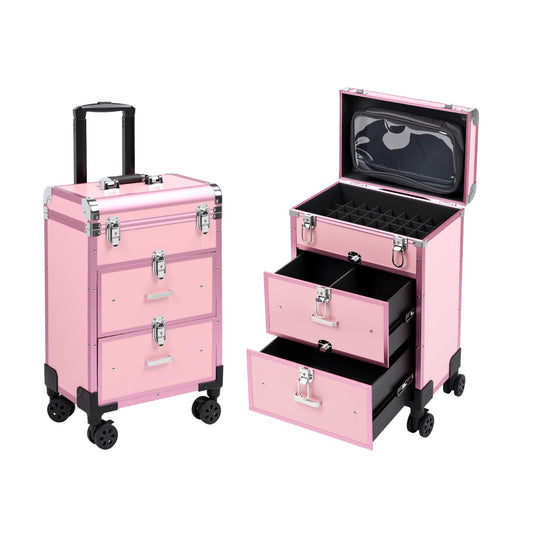 3 in 1 Rolling Makeup Case, Professional Cosmetology Case on Wheels, Detachable Clear Makeup Bag & Nail Polish Organizer, Portable Makeup Trolley with Drawers for Makeup Artists & Nail Technicians