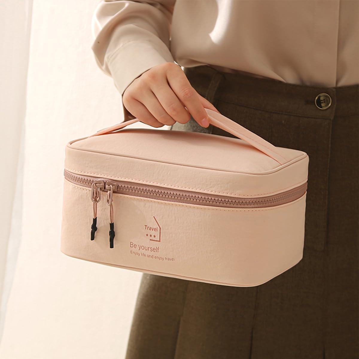 PLOPONOM Makeup Bag Large Capacity Travel Toiletry Bag,Double zipper Cosmetic Bag with Handle,Pink Women's Travel Makeup Organizer,Cute Lightweight Makeup Pouch,Portable Skincare Storage Bag
