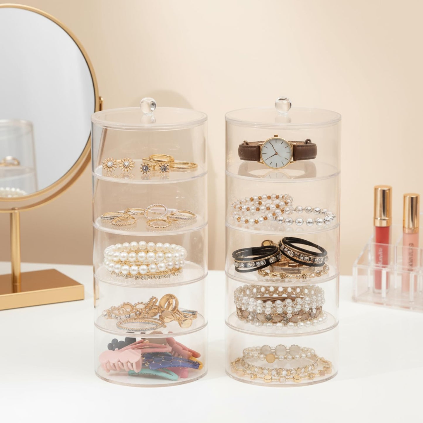 ZENFUN 5 Layers Acrylic Belt Organizer, Stackable Belt Storage Box Clear Display Case Vanity Organizer for Watch, Hair Accessories, Jewelry, Closet and Drawer, 2.6" H x 5.5" Dia