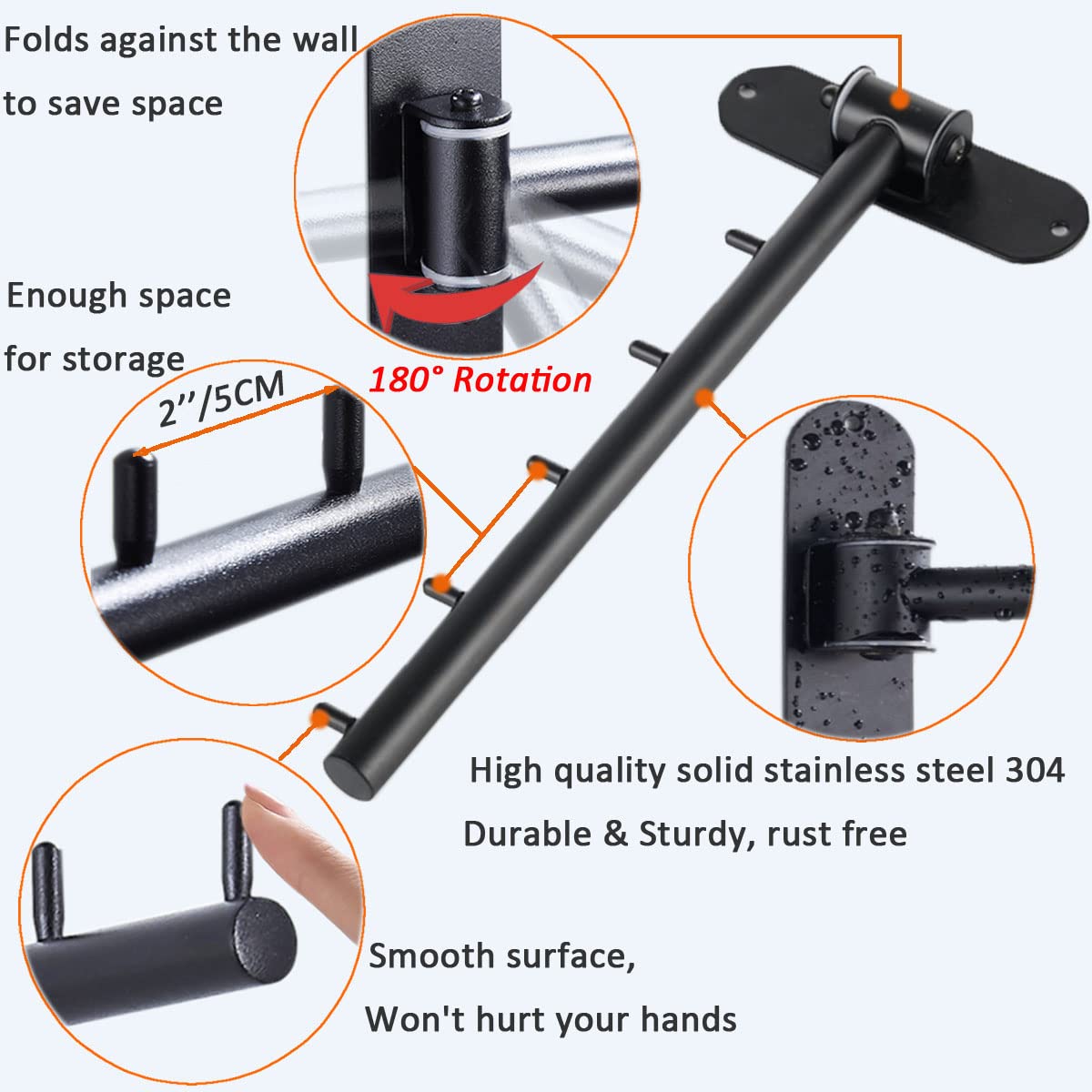 Folding Wall Mounted Clothes Hanger Rack with Swing Arm, Foldable 180°Rotation, Stainless Steel 304 Folding Clothes Hanger Drying Rack Rod, for Laundry Room Valet Hook (Black)