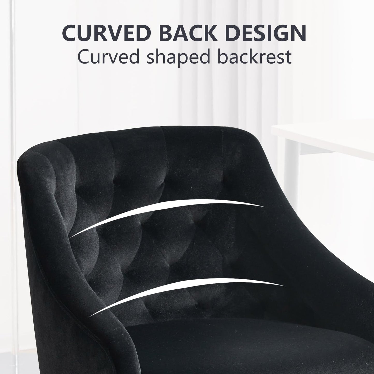 MOJAY Velvet Office Swivel Chair, Vanity Fabric Desk Pretty Fancy Gold Office Chairs for Girls, 360°Swivel Height Adjustable Reception Chair (Black)