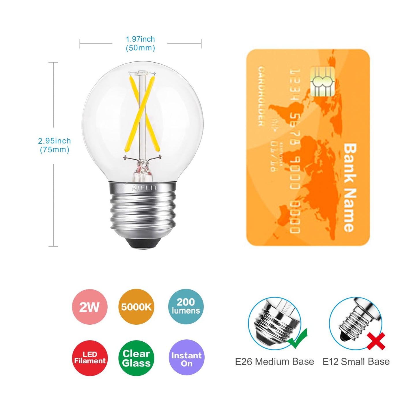 AIELIT 2 Watt(25-30W Equivalent) LED Vanity Light Bulb, A15 Globe Bulb, Bright White 5000K, E26 Medium Base, Ideal for Bathroom Mirror, Porch, Strip Lights, Ceiling Fan, Night Light, Dimmable, 8 Pack