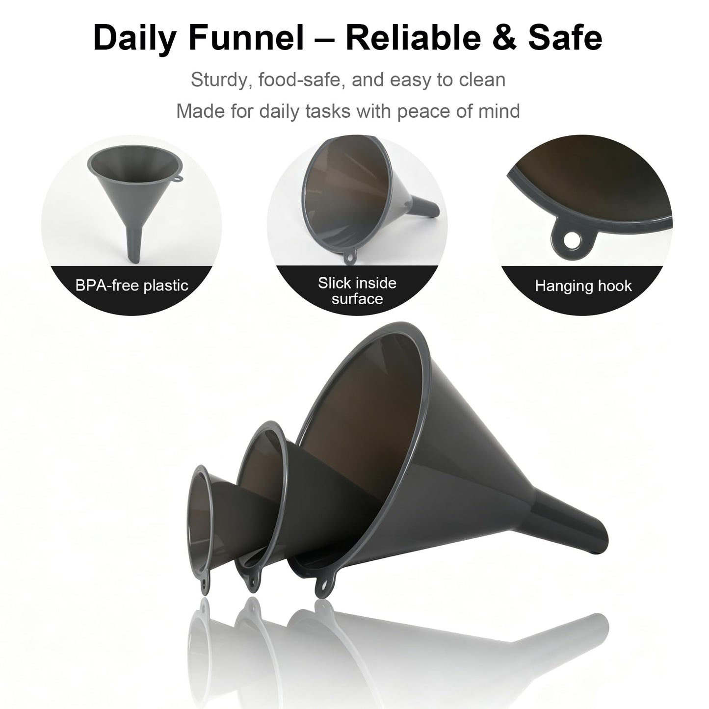 Plastic Kitchen Funnel Set of 3 with Brush – BPA Free Food Grade Funnels for Filling Canning Bottles Oil, Multifunctional for Cooking Lab Automotive, Gray