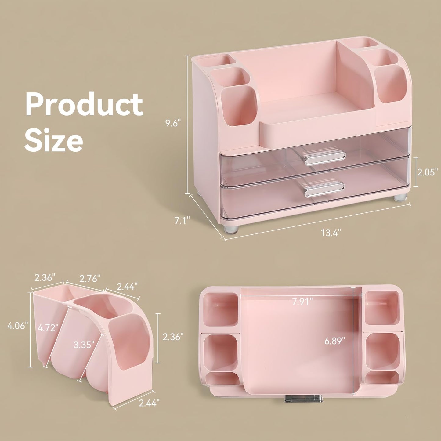 Brothersbox Makeup Organizer for Vanity with 2 Large Drawers and 6 Brush Holders, Large Bathroom Countertop Cosmetic Storage for Skincare, Lipstick, Nail Polish, Perfume, Gift for Women, Pink